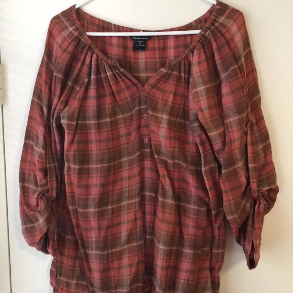 Moda International Orange Plaid Top